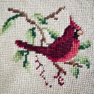 Cardinal Needlepoint Square, Vintage Red Bird Wall Hanging Art, Craft or Quilt Accessory 