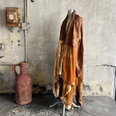 Antique 1920s Orange Silk Lamé & Silk Velvet Shawl Cloak Dress Coat Deco Vintage