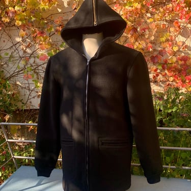 1940's Wool Jacket - Dense Boiled Wool - With Zippered Hood - 2 Low Pockets-  Men's Medium 