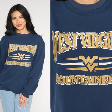 West Virginia Mountaineers Sweatshirt 90s University Sweater NCAA Football Shirt Crewneck Retro Sportswear Navy Blue Vintage 1990s Large L 
