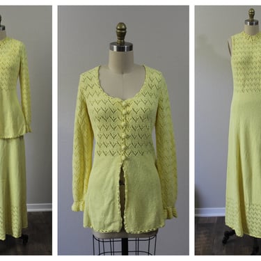Vintage 60's 70's sunshine yellow Picardo Knits Thick Maxi Dress and sweater set Boho // Modern Small Medium US 6 8 