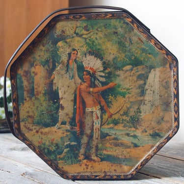 Vintage Loose Wiles Biscuit tin / American Indian Hiawatha Wedding Journey collectable tin / vintage biscuit tin w handle / advertising tin 