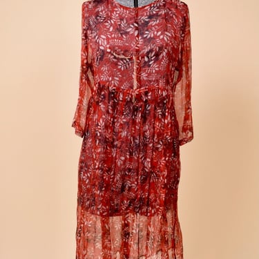 Red Sheer Botanical Print Silk Chiffon Dress by Huayimeng, S/M