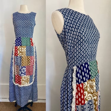Vintage 70s BOHO HOSTESS Maxi Dress / Hand Block Print + Eyelet Trim / Patchwork APRON Illusion + Back Tie Sash / Concept 70s by Swirl 