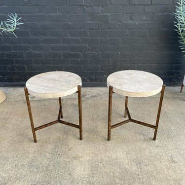Pair of Vintage Patinated Metal & Travertine Stone Side Tables 