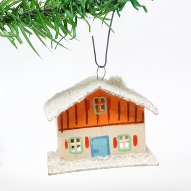 Antique German Glittered House Ornament for Christmas Putz or Nativity, Vintage Cardboard Toy, Germany 