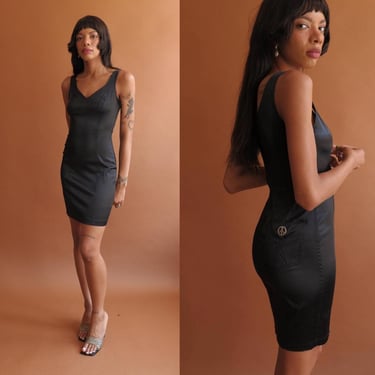 Vintage Moschino Black Satin Bodycon Dress/ 1980s 90s Moschino Jeans/ Size Small Medium 