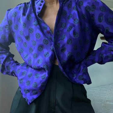 vintage silk geometric abstract pattern long sleeve blouse 