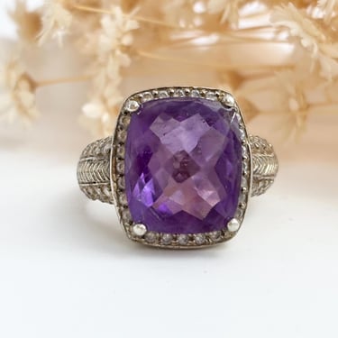 Cushion Cut Amethyst Gemstone Halo Sterling Silver w/ CZ Accented Geometric Designed Vintage 925 Multi Gemstone Cocktail Ring - sz 8.5 