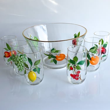 Vintage Fruity Glass Punchbowl & Glassware Set