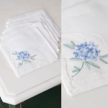 Vintage 40s Hand Made Handkerchief Set w/ Blue Floral Embroidery | Single Stitch | 1940s Designer Pocket Square, Scarf,  Handkerchief 