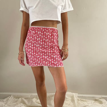 70s half slip skirt / vintage red print peace signs white dove silky stretch novelty half slip mini skirt | Medium 