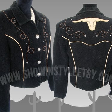 Women's Vintage Retro Western Jacket Coat by Saddle Ridge, Rope Embroidery, Studs &amp; Longhorn Applique, Tag Medium Large (see meas. photo) 