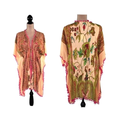 Kimono Cardigan, Beach Cover Up, Drawstring Caftan, Boho Duster Robe, Kaftan with Pom Pom Fringe, Bohemian Clothing, Festival Clothes Women 