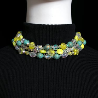 GORGEOUS Vintage 50s Yellow Aqua Clear Glass Beaded 3-Strand Necklace 