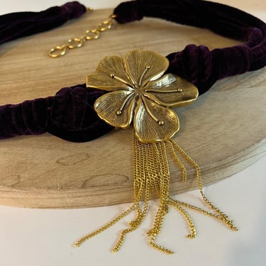 Vintage Purple Soft Velvet Chain Wrapped Golden Floral Fringe Wrap Belt One Size 