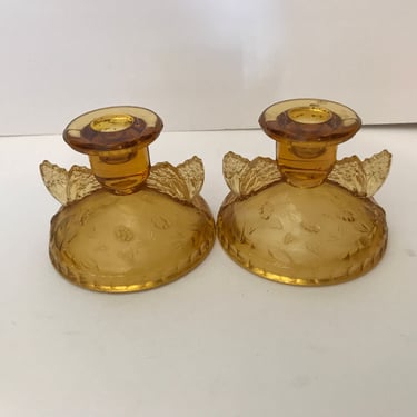 Vintage Pair Amber Sowerby Depression Glass Candle Stick Holders- Flowers and Butterflies- 1930'S 