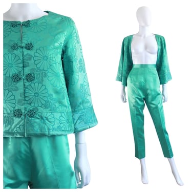 Late 1950s Jade Green Silk Lounge Wear Set - Silk Lounge Pajamas - 50s Loungewear - Lounging Pajamas - Hostess Pajamas | Size Small 
