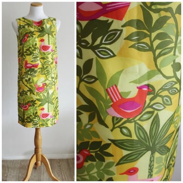 Vintage 60's MOD Saks Fifth Avenue Tiki Room Bird Designer Print Sheath Dress Lime Green Hot Pink 