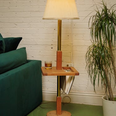 Mid 20th Century Oak and Brass Magazine Floor Lamp