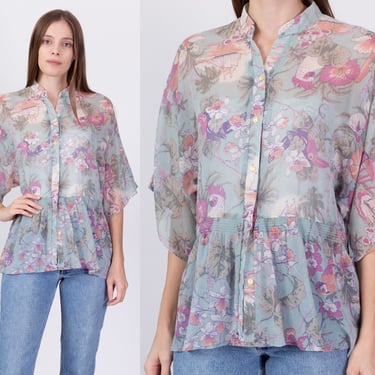 70s Boho Tropical Bird Print Blouse Large | Vintage Sheer Blue Fitted Waist Half Sleeve Floral Shirt 