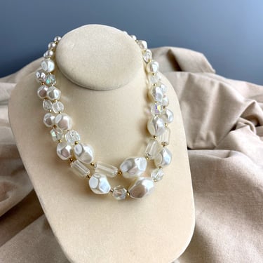 1960s white two strand plastic necklace - vintage costume jewelry 