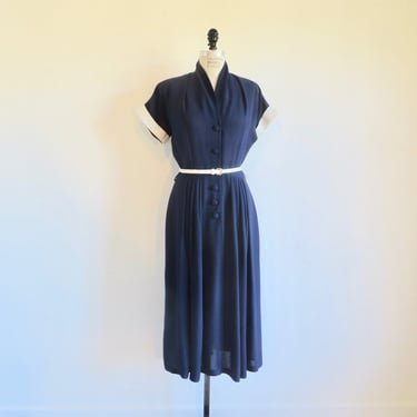Vintage 1950's Navy Blue Day Dress with White Pique Cuffs Wear to Work Office Modes Royale 32" Waist Medium 