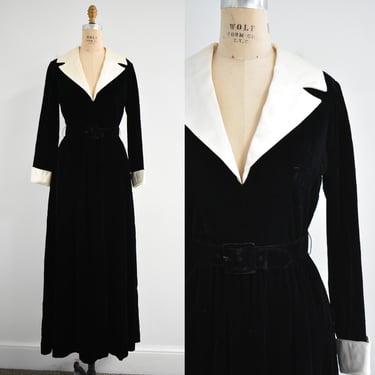 1970s Black Velvet Tuxedo Maxi Dress 