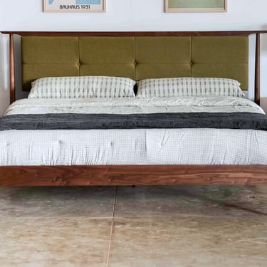 Mid Century Modern Upholstered Headboard Platform Bed / storage Bed Optional / Solid Walnut Maple Cherry White Oak Bed Frame Pendleton Wool 