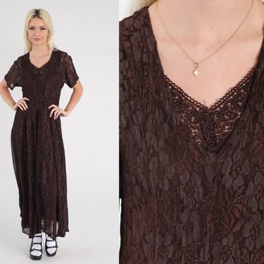 Brown Lace Dress 90s Maxi Chiffon Panel Grunge Dress Floral Witch Gothic V Neck Vintage Bohemian Party Short Sleeve Drape Nostalgia Small 