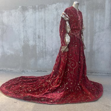 Antique 1860s Victorian Red Velvet Train Gown Gold Metal Embroidery Stage Dress