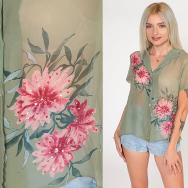 Sheer Floral Silk Blouse Y2K Green Sequined Button Up Top Boho Retro Bohemian Short Sleeve Romantic Party Chic Vintage 00s Large 12 