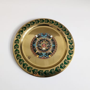 Wall plate made of brass, brass plate colorfully enameled, Mayan calendar, Mexico souvenir 