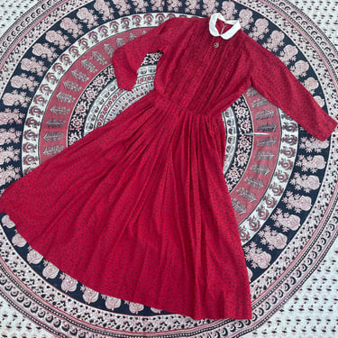 Rare vintage 1950’s L’AIGLON red cotton dress | fit & flare, pleated ruffled bodice, full pleated skirt, shirt waist dress, XS/S 