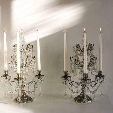 Beautiful Pair Of Antique French plated brass and Crystal Girandoles Three-armed Candelabras Candlelight Candelabra   Christmas lighting 