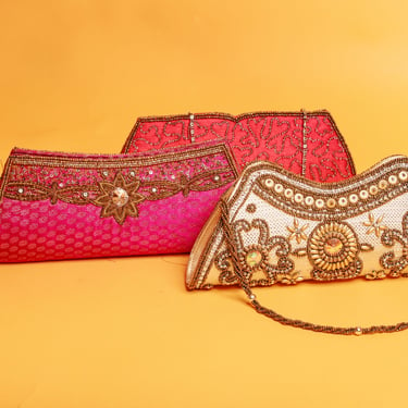 2000s Set of Three Gold Red Pink Beaded Indian Clutches Vintage Bead Intricate Formal Purses 