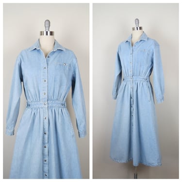 Vintage 1980s denim dress size medium shirt dress shirtwaist button front light wash 