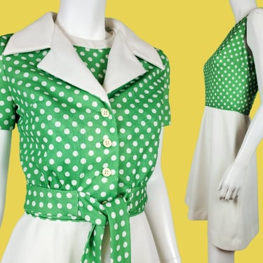 Green polka dot dress with jacket. Vintage 60s 70s mod mini tennis dress set. Sleeveless short sleeve polyester. (S) 