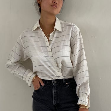 90s linen blouse / vintage white gray horizontal stripe linen blouse shirt | Large 