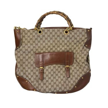 Gucci Large Brown Canvas + Leather Bamboo Tote Bag