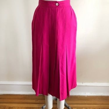 Bright Pink Pleated Raw Silk Midi Skirt - 1980s 
