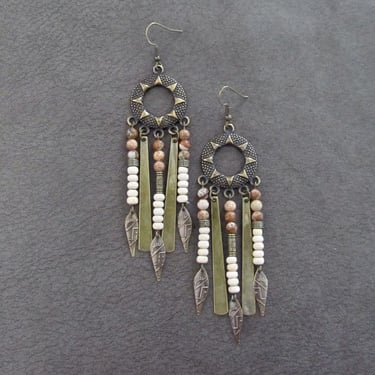 Chandelier earrings, tribal antique bronze, boho chic earrings, ethnic earrings, southwestern earrings, long bohemian earrings tiger jasper 