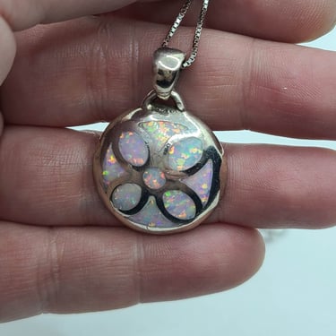 Faux Opal Inlaid Sterling Silver Round Pendant on 16" Sterling Silver Chain 