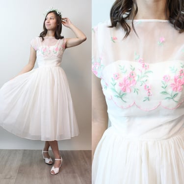 1950s ORGANZA PINK ROSE embroidered dress xxs  | new spring 
