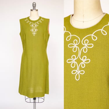 1960s Dress Linen Green Sleeveless Shift M 