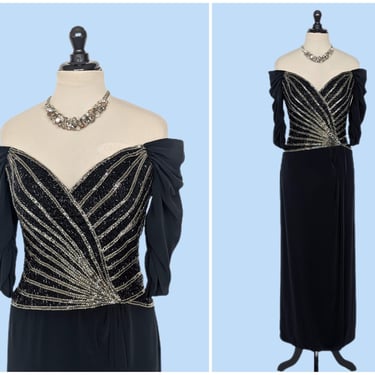Vintage 90s Bob Mackie Evening Gown, 1990s Elegant Off-the-Shoulder Black Beaded Formal Gown 