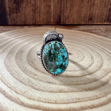 TURQUOISE FEATHER DROPLET S. Cooke Sterling Silver & Turquoise Ring | Native American, Southwestern Jewelry | Navajo Made | Size 7 1/2 