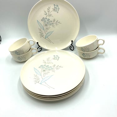 Royal Stetson "Royal Maytime" Dinner Plates (6) and/or Mugs Cups (4), Mid Century, Light Blue Button Flowers, Gray and Turquoise Leaves, MCM 