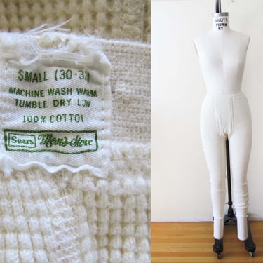 Vintage 60s Cotton Thermal Long John Pants S - 1960s Sears White Waffle Knit  Leggings - Base Layer 