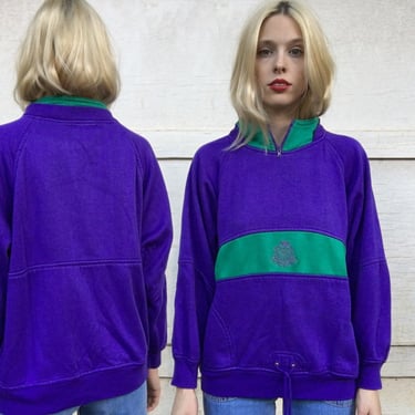 Vintage Purple + Green Ultra Soft Sporting Club Sporty Front Tie Pullover Oversized Sweatshirt Adult S 